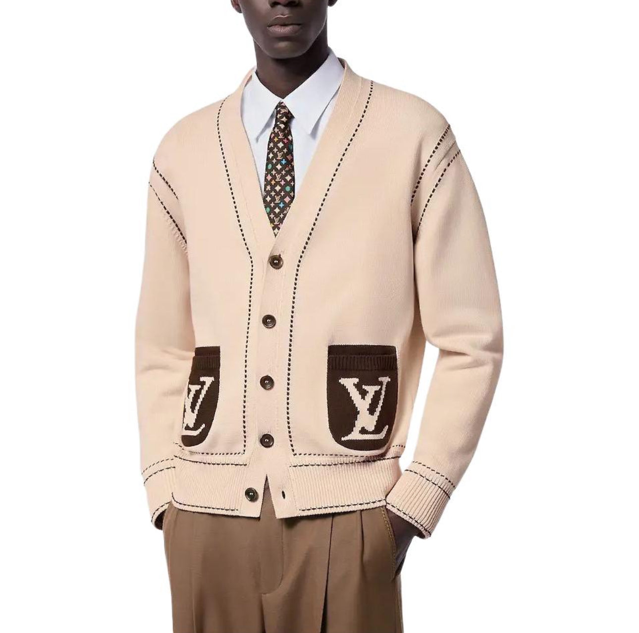 Pocket lettered jacquard knitted cardigan